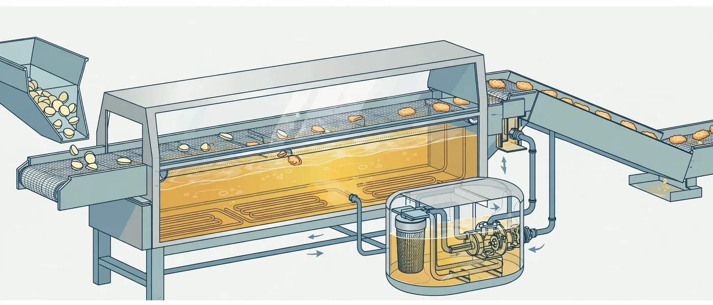 Concept illustration of a continuous fryer line: conveyor carrying product steadily through a long oil bath