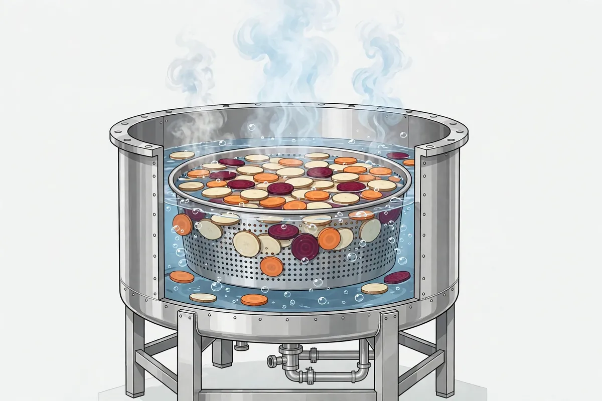 Conceptual illustration of sliced root vegetables being blanched in a stainless steel hot-water tank
