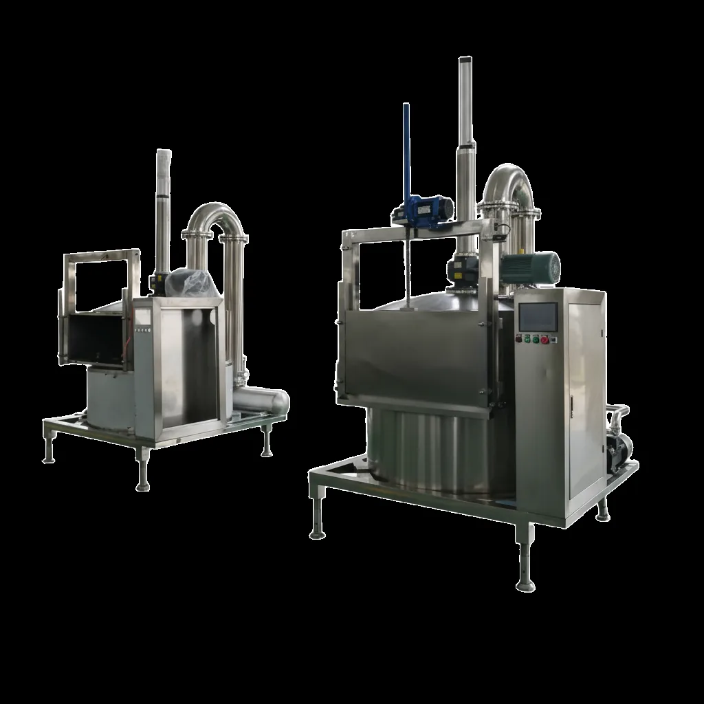 Two QS-VF100 100KG per batch vacuum fryers side by side in the factory