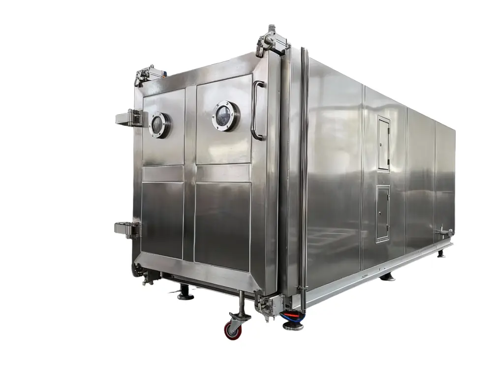 Front view of an industrial freeze dryer: chamber door with seals, observation ports, and vacuum connections