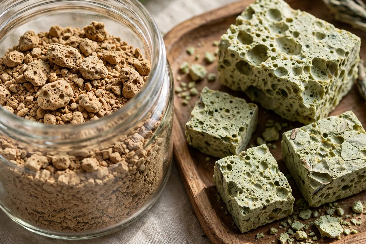 Conceptual illustration of freeze dried instant coffee powder in a glass jar and freeze dried tea extract blocks on a tray