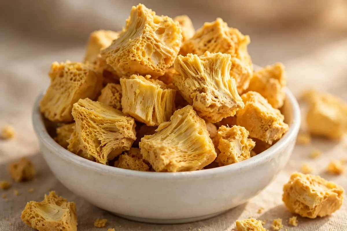 AI-generated concept illustration of golden freeze dried durian chunks, stylized artwork not a real photograph