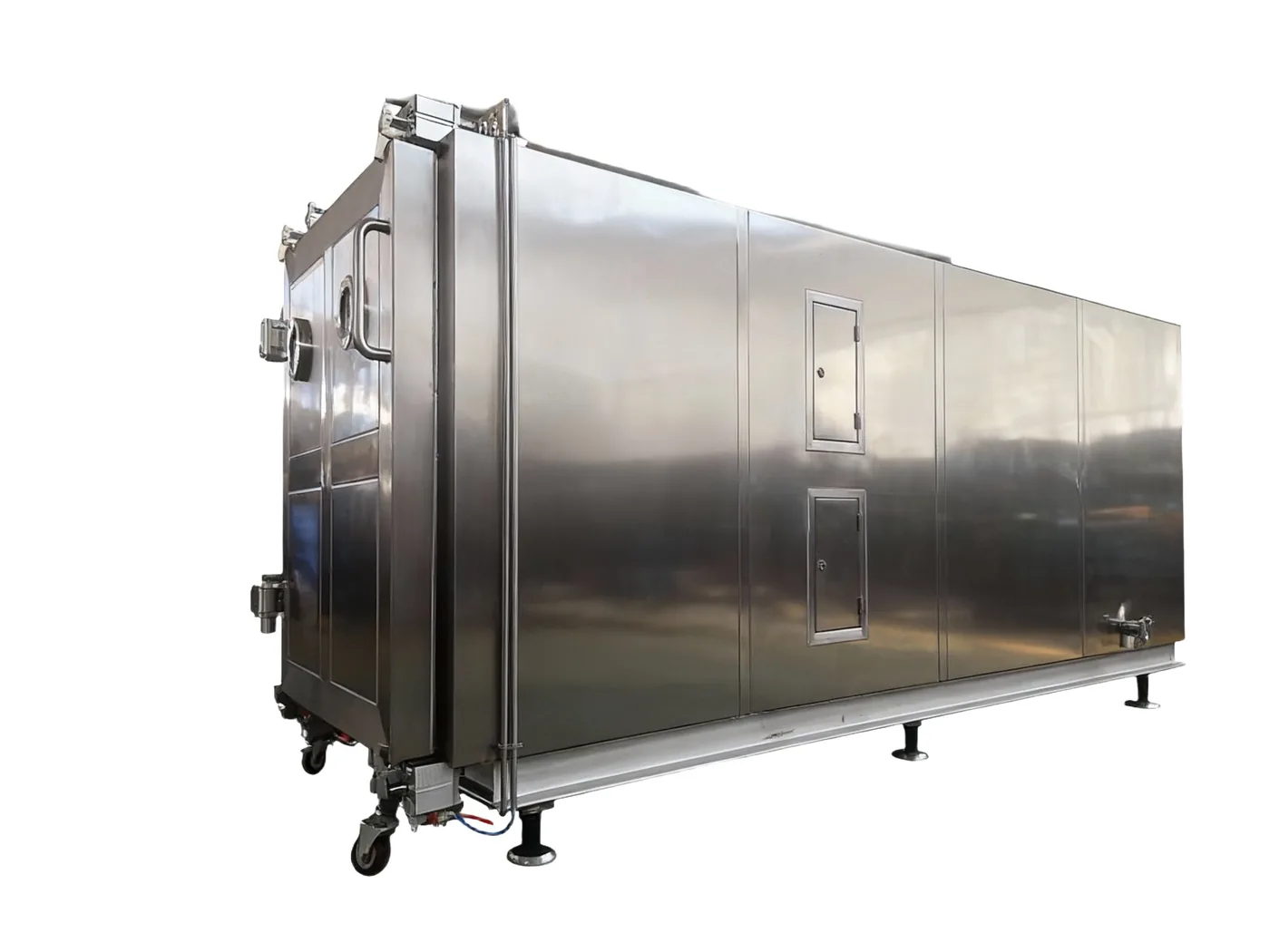 QS-FD series industrial freeze dryer with square stainless-steel chamber, photographed from the side