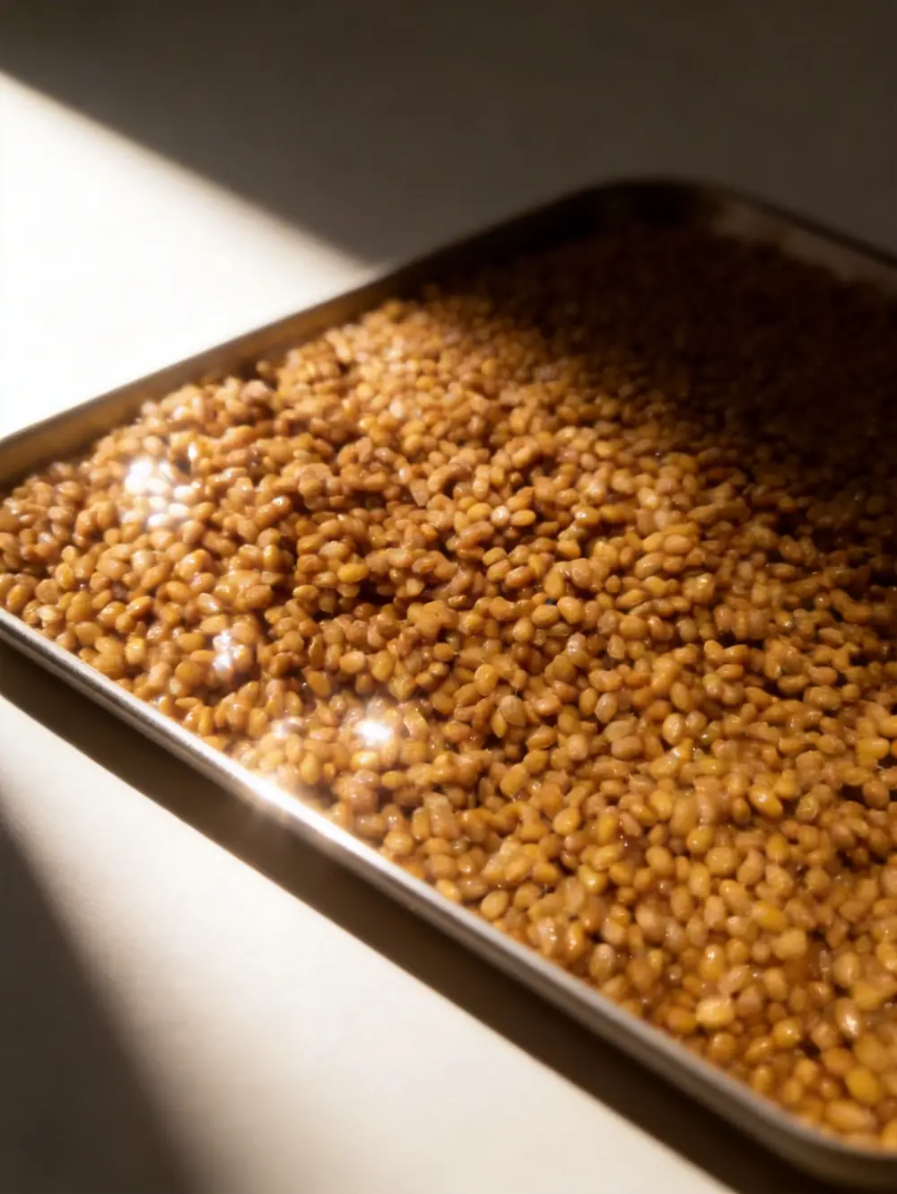 Freeze-dried soybeans on a tray: uniform drying before the product goes into moisture-proof barrier packaging