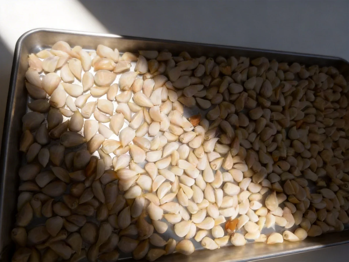 Peeled garlic cloves arranged on a freeze drying tray