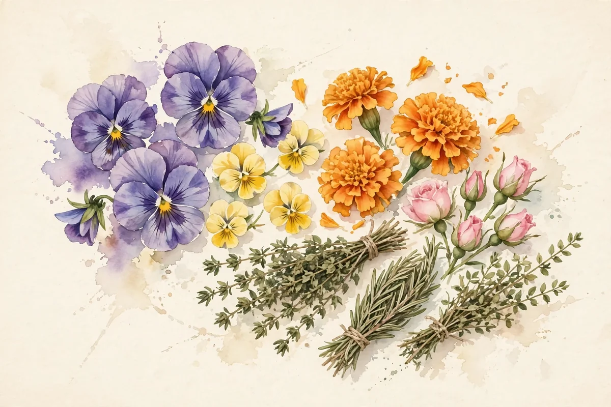 Watercolor concept illustration of freeze-dried edible flowers and dried herb bundles