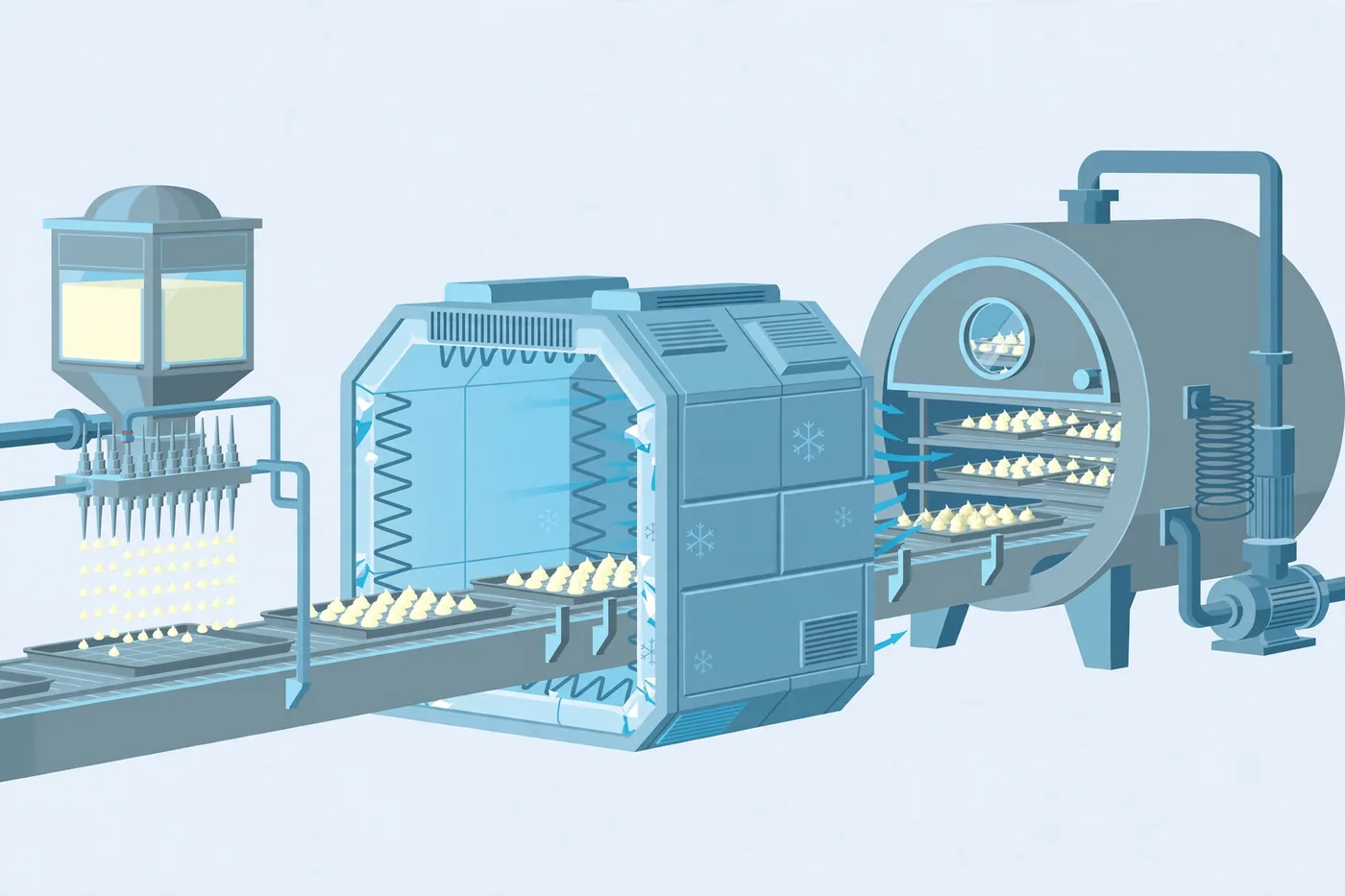 Concept illustration of a yogurt bites line: depositor piping yogurt drops onto trays, blast freezer tunnel, and freeze drying chamber