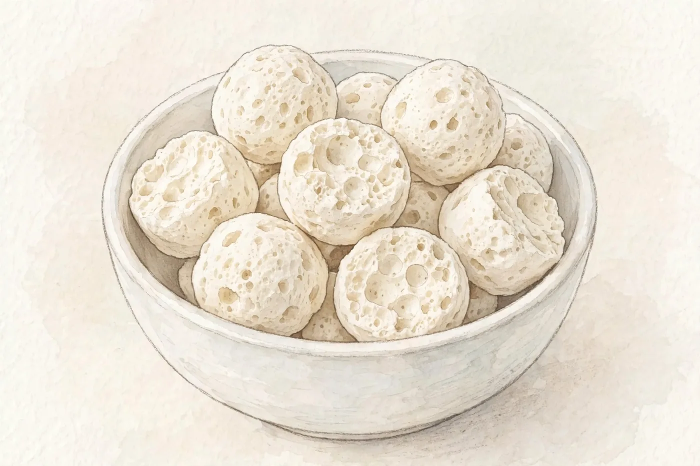 Concept illustration of finished freeze-dried yogurt bites: porous cream-colored drops in a ceramic bowl