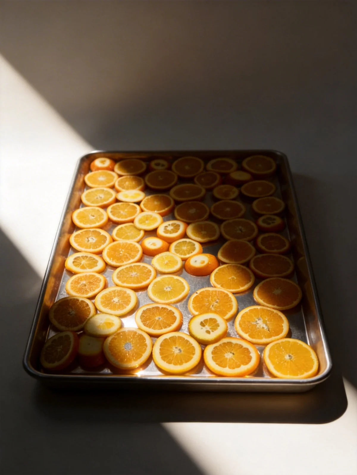 Freeze-dried orange slices on a tray: natural color and crisp texture kept by low-temperature drying under vacuum