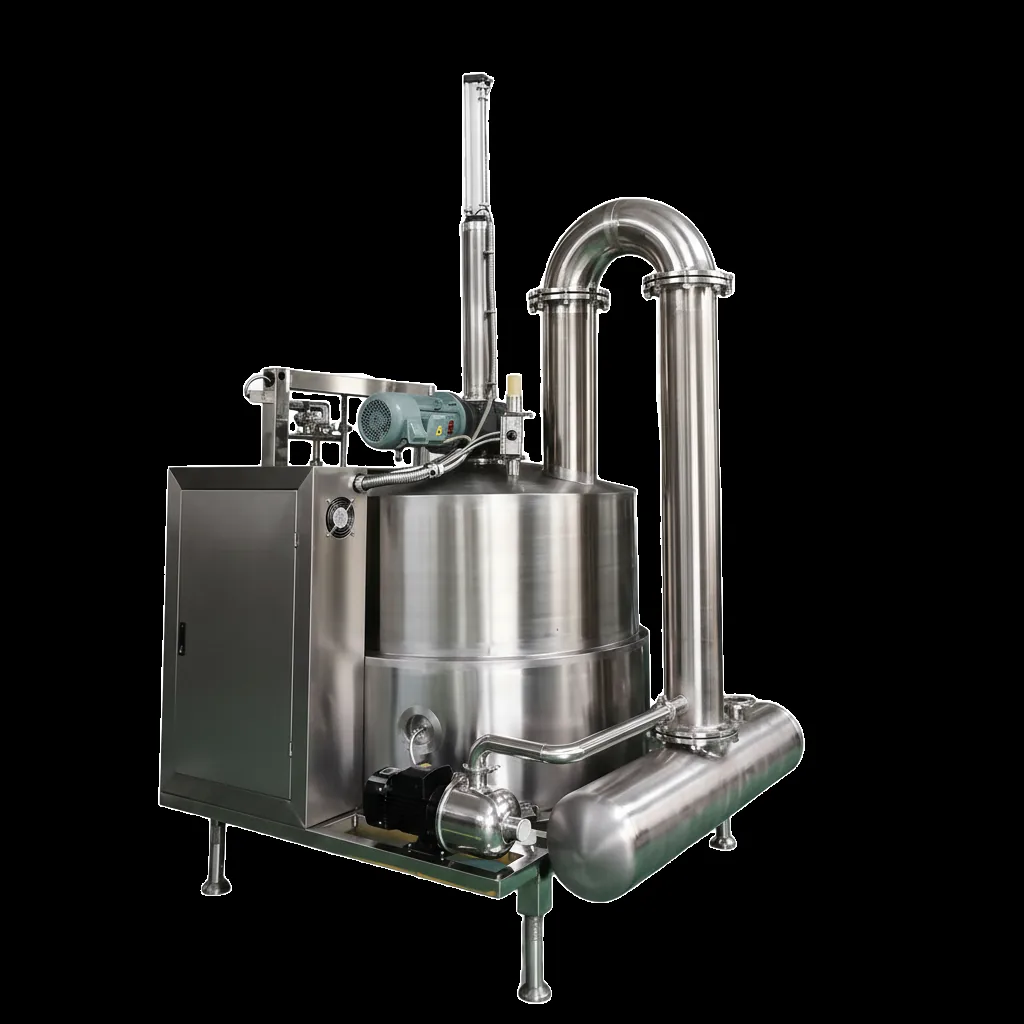 Side view of a QS-VF100 batch vacuum fryer with control cabinet and vacuum piping