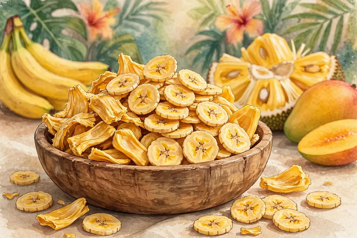 Concept illustration of tropical fruit crisps: banana chips and jackfruit crisps in a wooden bowl with fresh fruit