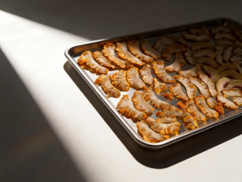 Freeze-dried pineapple slices on a tray: fully dried fruit pieces keep their shape and color
