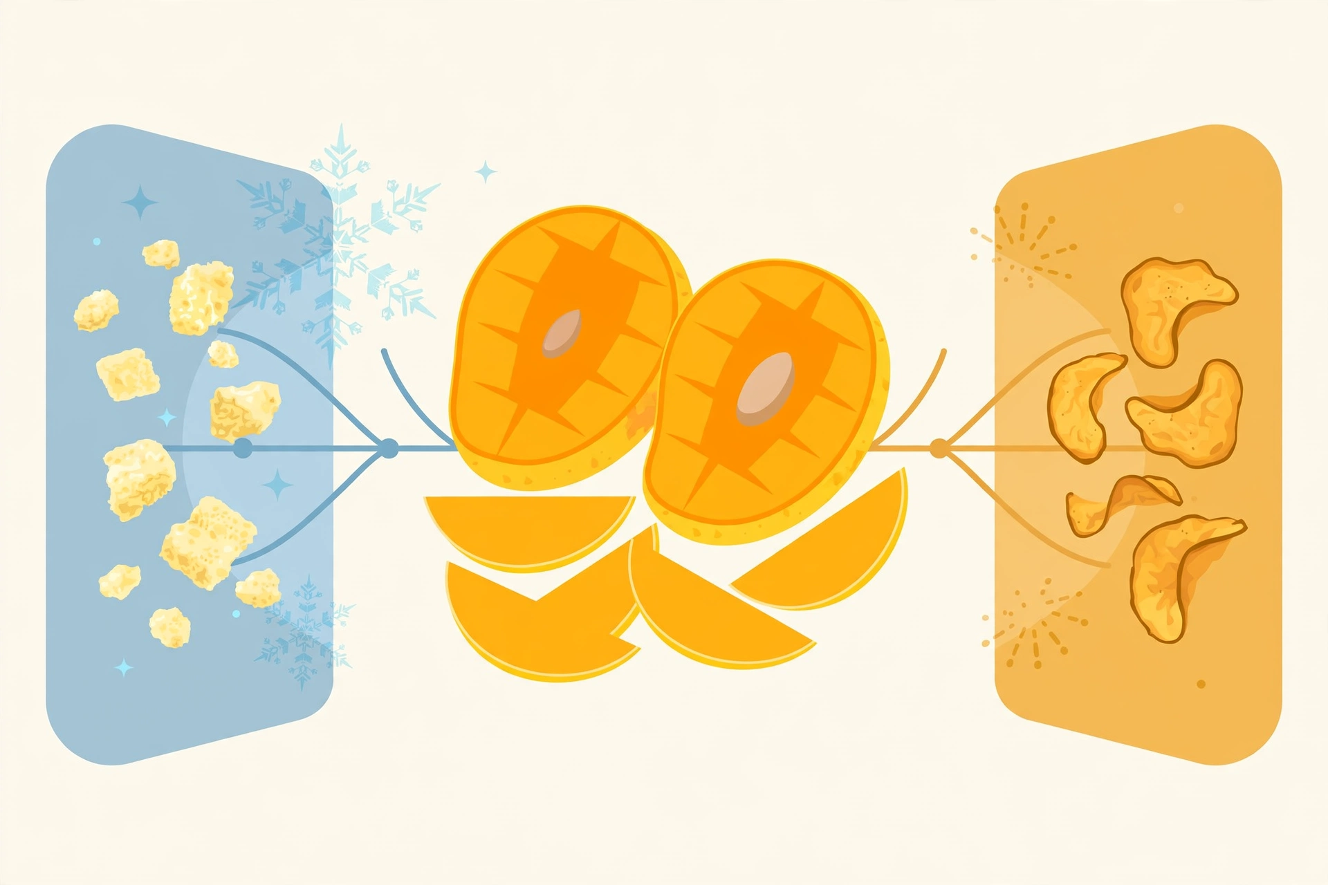 AI-generated concept illustration comparing freeze dried mango pieces and vacuum fried mango chips, stylized artwork not a real photograph