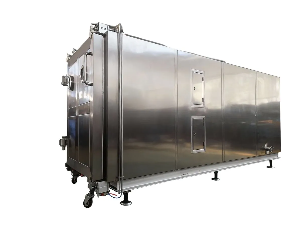 Side view of a QS freeze dryer unit, showing the square stainless steel vacuum chamber