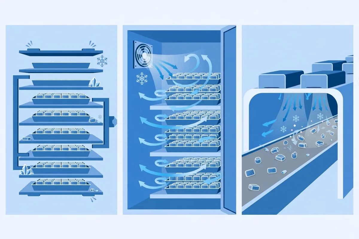 Concept diagram of three prefreezing methods: contact plate freezer, blast freezer and IQF tunnel