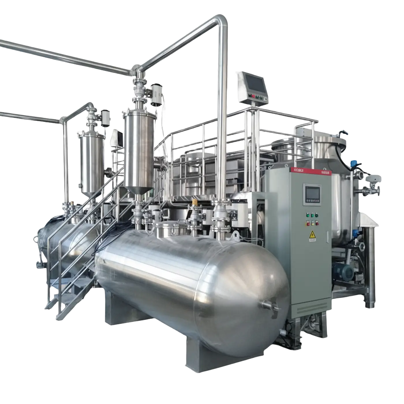 QS-VF150 batch vacuum fryer with vessel, control cabinet, and connected oil filtration circuit: the fryer is the center of the snack production line