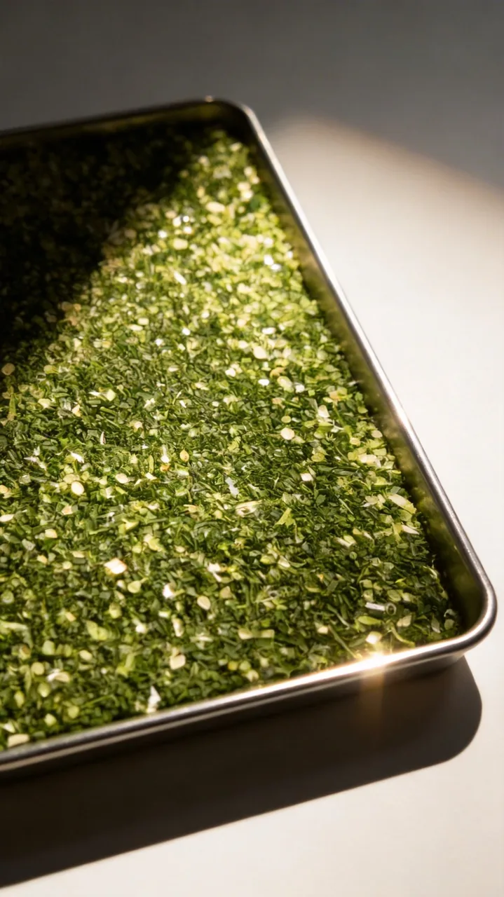 Tray of freeze dried chopped green vegetables