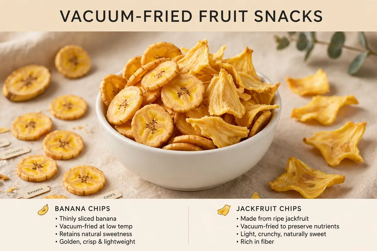 Illustration of golden banana and jackfruit chips in a bowl — concept art, not a product photo