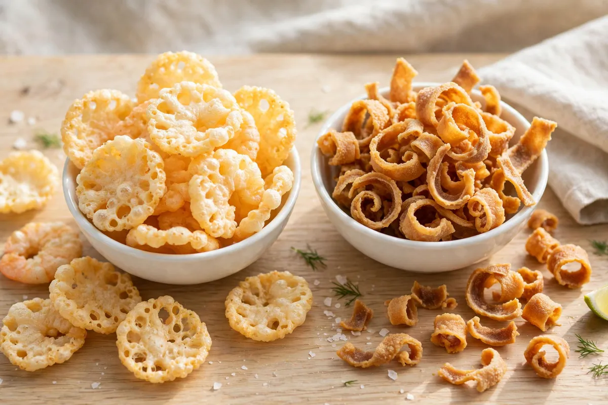 Illustration of vacuum fried shrimp chips and fish skin crisps in bowls