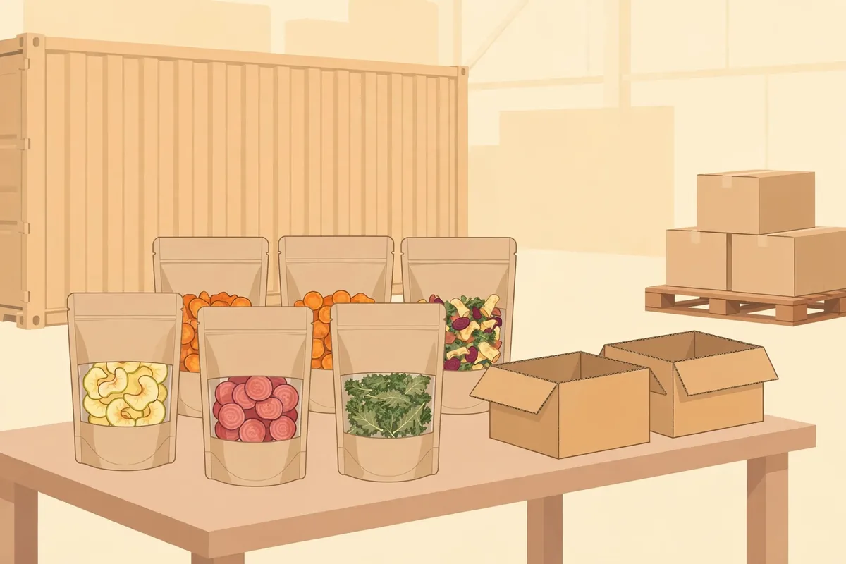 Illustration of vacuum fried snack export packing: sealed pouches, export cartons and a shipping container