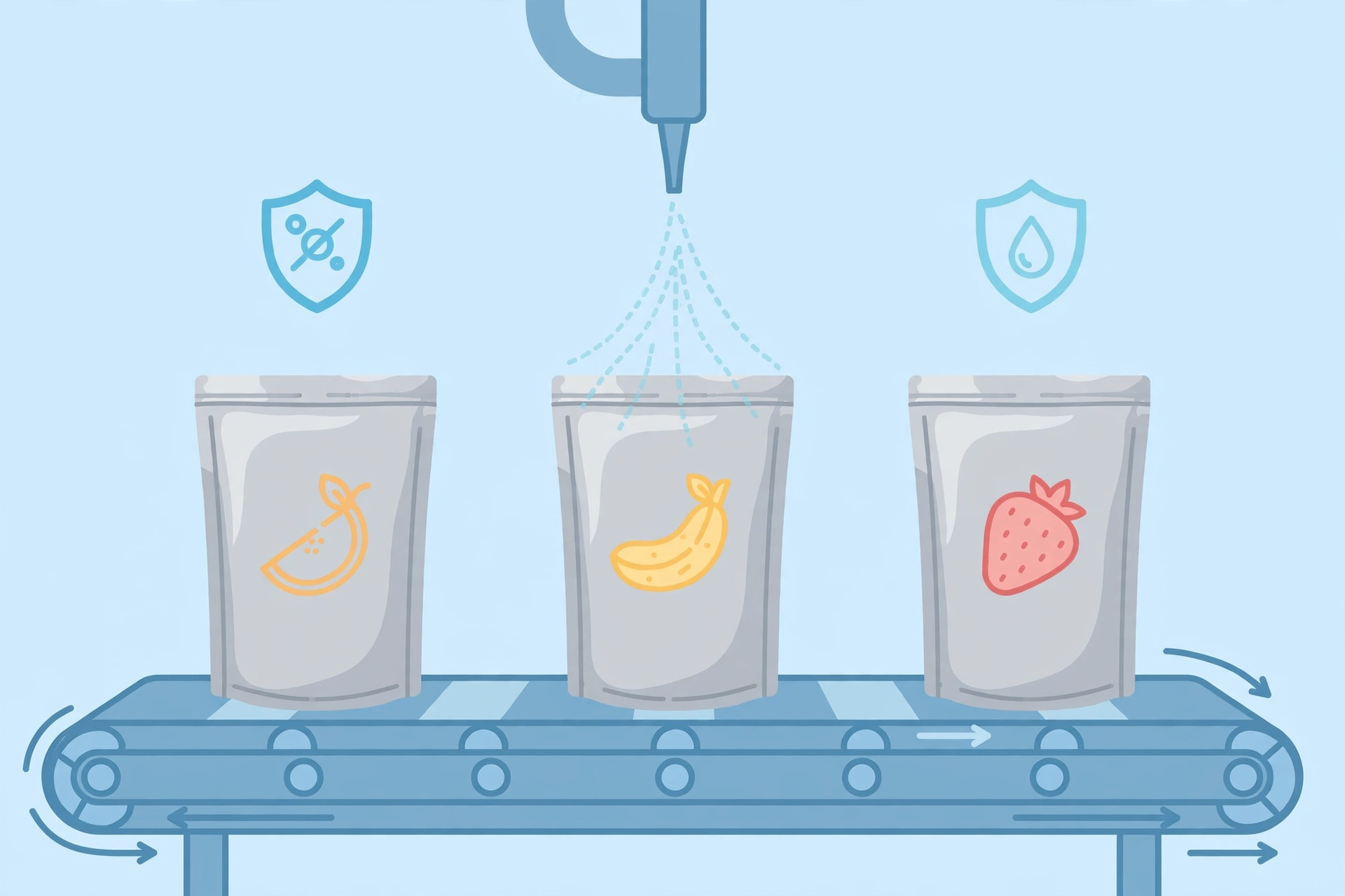 Illustration of sealed snack pouches on a packing line with barrier and nitrogen-flush shields — concept art, not a product photo