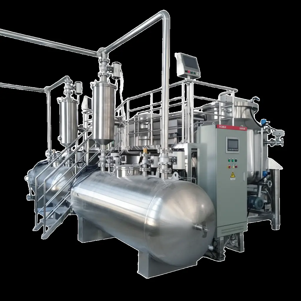 Industrial batch vacuum fryer system: vessel with hoist frame, oil and vacuum piping in a food factory