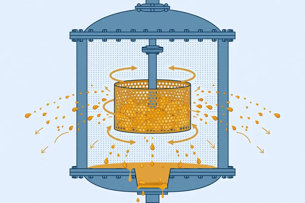 Concept illustration of centrifugal de-oiling: a spinning perforated basket flings oil droplets off snacks inside the vacuum vessel
