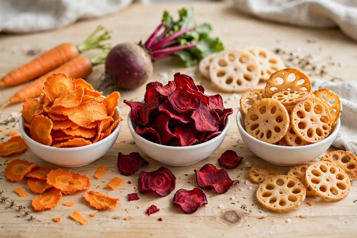 Illustration of vacuum fried carrot, beetroot and lotus root chips served in bowls