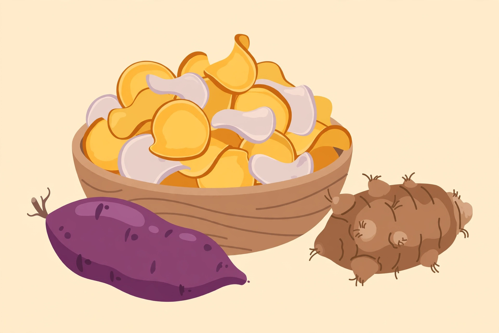 Illustration of golden sweet potato and taro chips in a bowl — concept art, not a product photo
