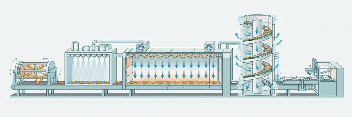 Concept illustration of an industrial air frying line showing coating, oil application, impingement cooking, spiral freezing, and packaging stages