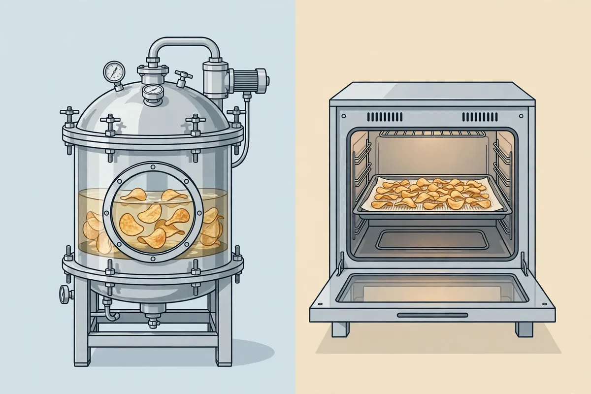 Conceptual illustration comparing a vacuum frying vessel with an oven baking tray side by side