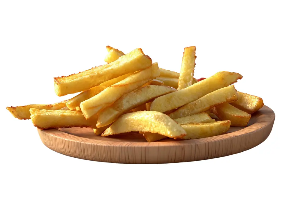 Vacuum-fried french fries on a metal tray: light golden color with a crisp, low-oil finish